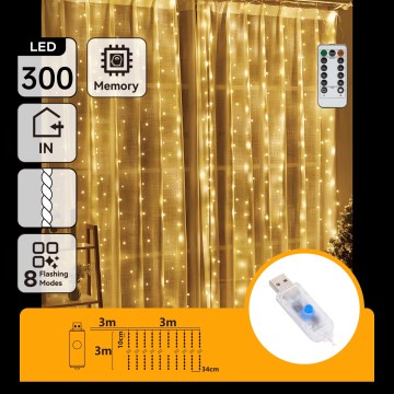 Aigostar - Catena luminosa di Natale dimmerabile a LED 300xLED/8 funzioni USB 6x3m bianco caldo + telecomando