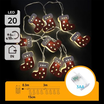 Aigostar - Catena luminosa LED 20xLED/3xAA 3 m bianco caldo calze