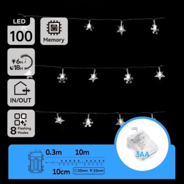 Aigostar - Catena luminosa LED da esterno, 100 LED, 8 funzioni, 3xAA, 10 m, IP44, bianco freddo