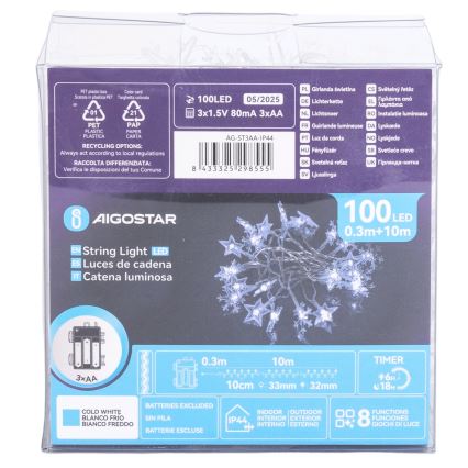 Aigostar - Catena luminosa LED da esterno, 100 LED, 8 funzioni, 3xAA, 10 m, IP44, bianco freddo