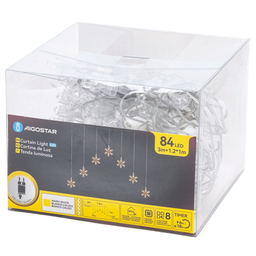 Aigostar - Catena luminosa a LED per esterni 84 LED/8 funzioni 1,2x1m IP44 bianco caldo con fiocchi di neve