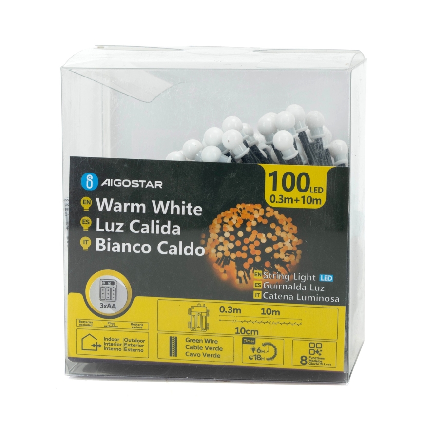 Aigostar - LED Catena luminosa natalizia da esterno 100xLED/8 funzioni 3xAA 10,3m IP44 bianco caldo