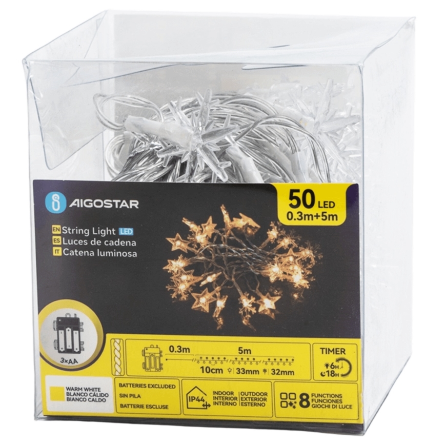 Aigostar - Catena luminosa LED per esterni, 50 LED, 8 funzioni, alimentazione 3xAA, 5 m, IP44, bianco caldo, stelle decorative