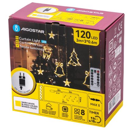 Aigostar - Catena luminosa natalizia LED per esterni 120xLED/8 funzioni 3x0,6m IP44 bianco caldo + telecomando