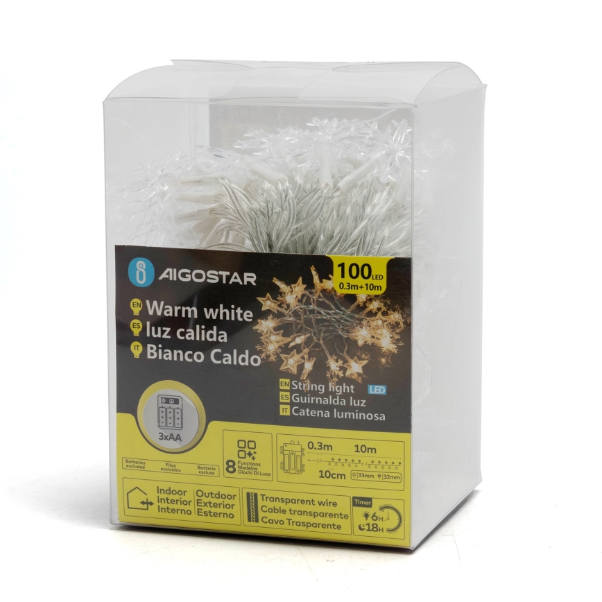 Aigostar - Catena luminosa natalizia LED da esterno 25 LED / 8 modalità, 3xAA, 2,5 m, IP44, bianco caldo, stelle