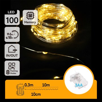 Aigostar - Catena luminosa LED per esterni 100 LED, 8 modalità, alimentazione 3x AA, 10,3 m, IP44, bianco caldo
