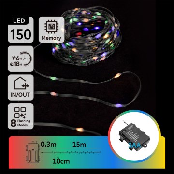 Aigostar - Catena luminosa LED per esterni 150 LED/8 funzioni, alimentazione 3x AA, 15,3 m, IP44, multicolore