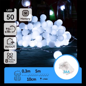 Aigostar - Catena luminosa LED per esterni 50xLED/3xAA/8 funzioni 5,3 m IP44 bianco freddo
