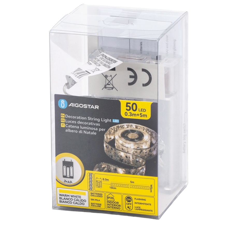 Aigostar - Catena luminosa LED natalizia 50xLED/3xAA 5 m bianco caldo argento