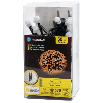 Aigostar - Catena luminosa natalizia a LED per esterni, 50 LED, 8 funzioni, 8 m, IP44, bianco caldo