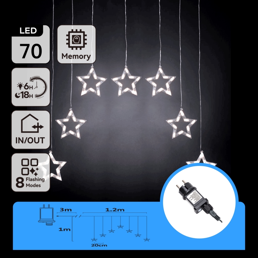 Aigostar - Catena luminosa natalizia a LED per esterni 70xLED 1,2x1m IP44 bianco freddo a forma di stelle