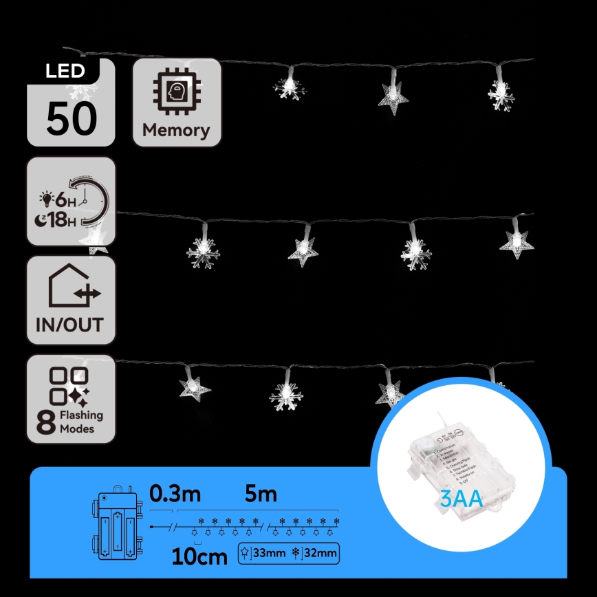 Aigostar - Catena luminosa natalizia da esterno 50 LED/8 funzioni, alimentazione 3xAA, 5 m, IP44, bianco freddo, effetto stelle