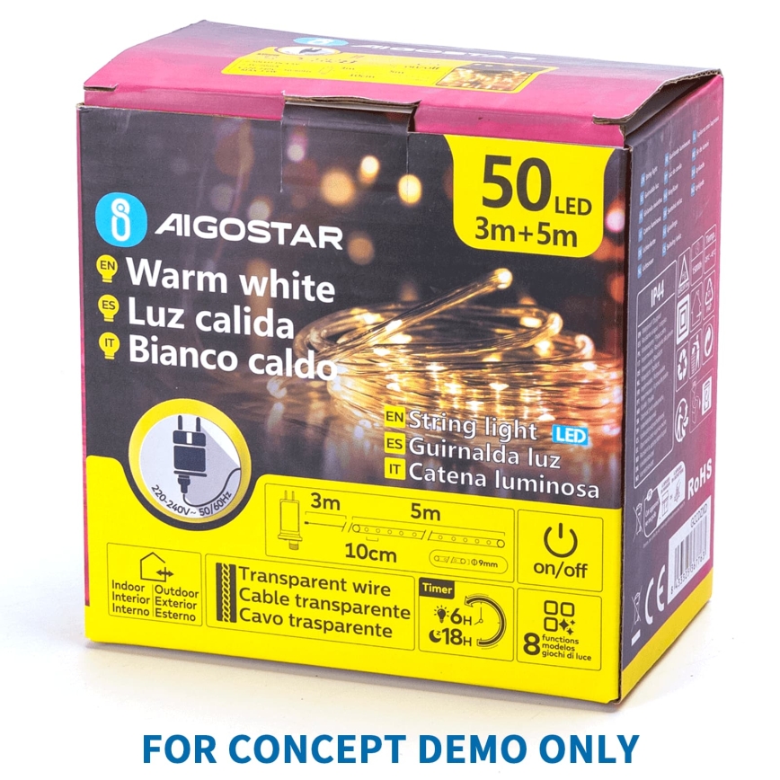 Aigostar - Catena luminosa natalizia da esterno a LED 200 LED/8 funzioni 3xAA 5x2m IP44 bianco caldo