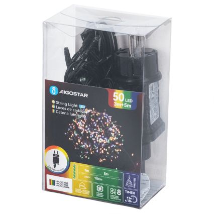 Aigostar - Catena luminosa natalizia da esterno a LED, 50 LED, 8 funzioni, 8 m, IP44, multicolore