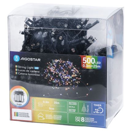 Aigostar - Catena luminosa natalizia LED da esterno 500 LED/8 funzioni 4xAA 25,3 m IP44 multicolore