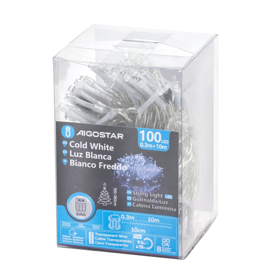 Aigostar - Catena luminosa natalizia LED da esterno 100xLED/8 funzioni/3xAA 10,3m IP44 bianco freddo