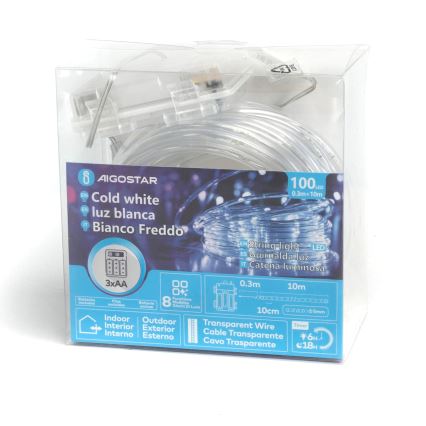 Aigostar - catena luminosa natalizia per esterni a LED 100xLED/8 funzioni 3xAA 10,3m IP44 bianco freddo