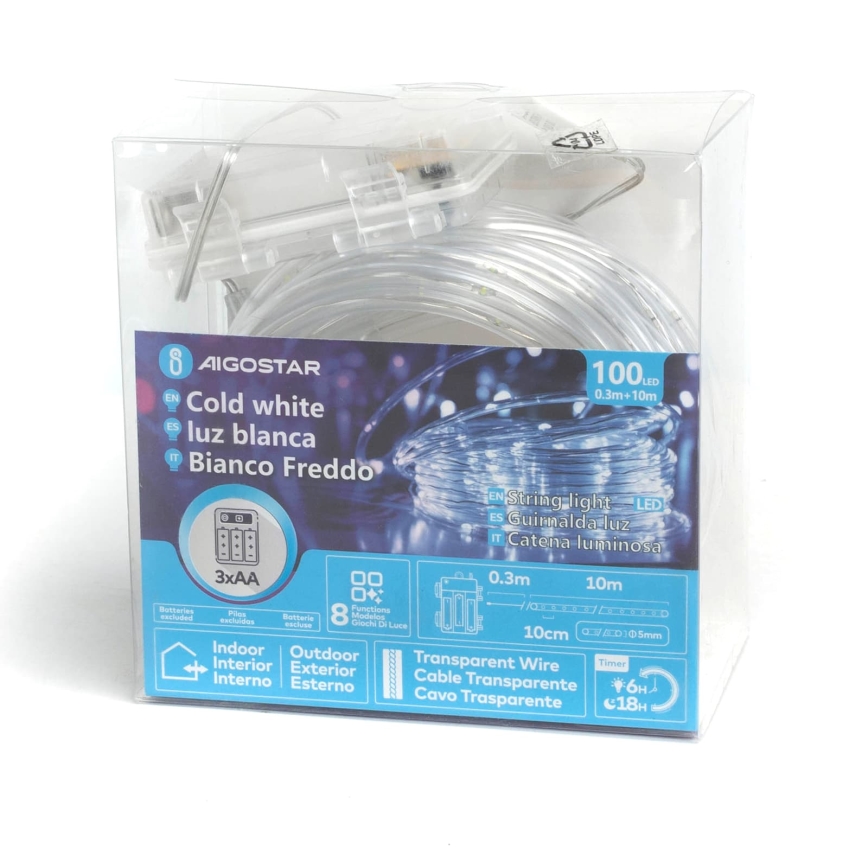 Aigostar - catena luminosa natalizia per esterni a LED 100xLED/8 funzioni 3xAA 10,3m IP44 bianco freddo