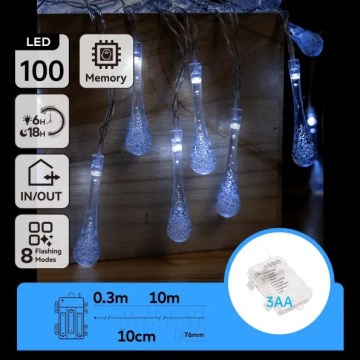 Aigostar - Catena luminosa natalizia LED da esterno 100xLED/8 funzioni 3xAA 10m IP44 bianco freddo a goccia