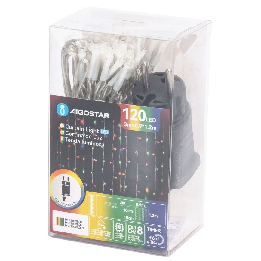Aigostar - Catena luminosa natalizia LED da esterno 120 LED/8 funzioni 3,9x1,2m IP44 multicolore