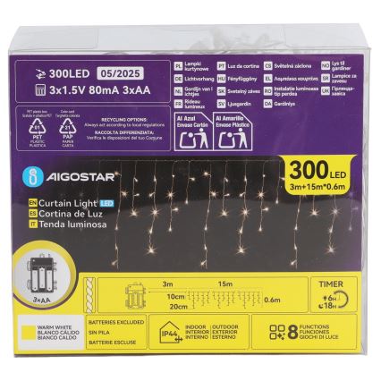 Aigostar - Catena luminosa natalizia a LED per esterni 300xLED/8 funzioni 3xAA 18x0,6 m IP44 bianco caldo