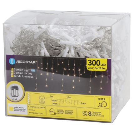 Aigostar - Catena luminosa natalizia a LED per esterni 300xLED/8 funzioni 3xAA 18x0,6 m IP44 bianco caldo