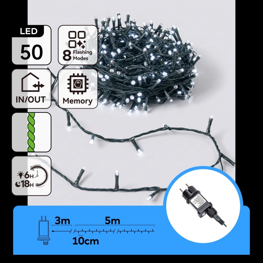 Aigostar - Catena luminosa natalizia LED da esterno 50 LED/8 funzioni 8 m IP44 bianco freddo