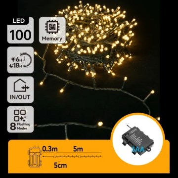 Aigostar - Catena luminosa natalizia LED per esterni 100xLED/8 funzioni 3xAA 5,3 m IP44 bianco caldo