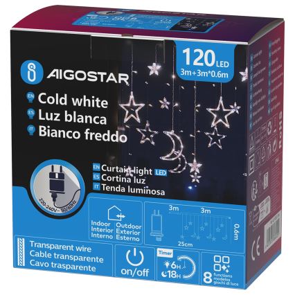 Aigostar - Catena luminosa natalizia LED per esterni 120 LED/6 W/230 V/8 funzioni 3 x 0,6 m IP44 bianco freddo + telecomando