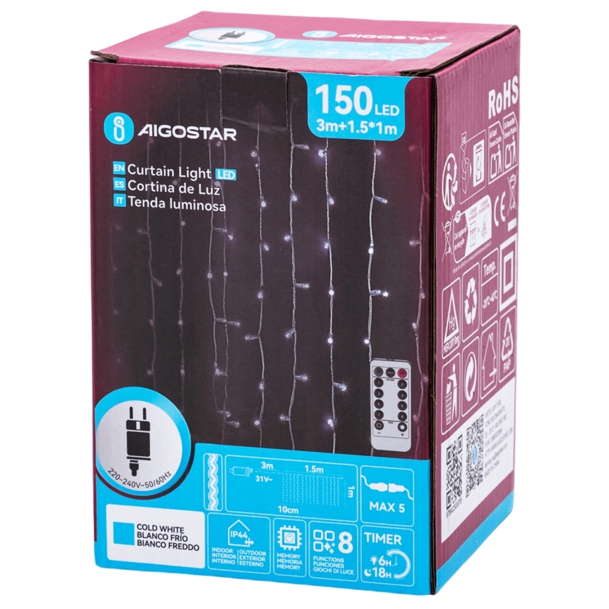 Aigostar - Catena luminosa LED da esterno per Natale 150 LED/6W/230V/8 funzioni 1,5x1m IP44 bianco freddo + telecomando
