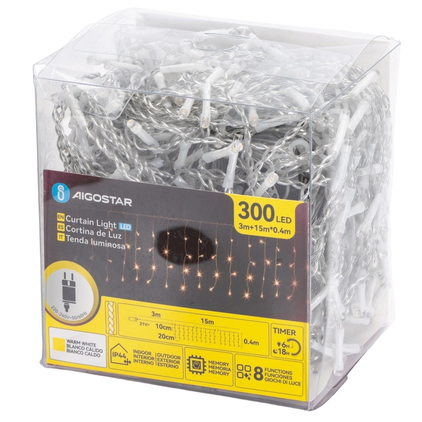 Aigostar - Catena luminosa natalizia LED per esterni 300xLED/8 funzioni 15x0,4 m IP44 bianco caldo