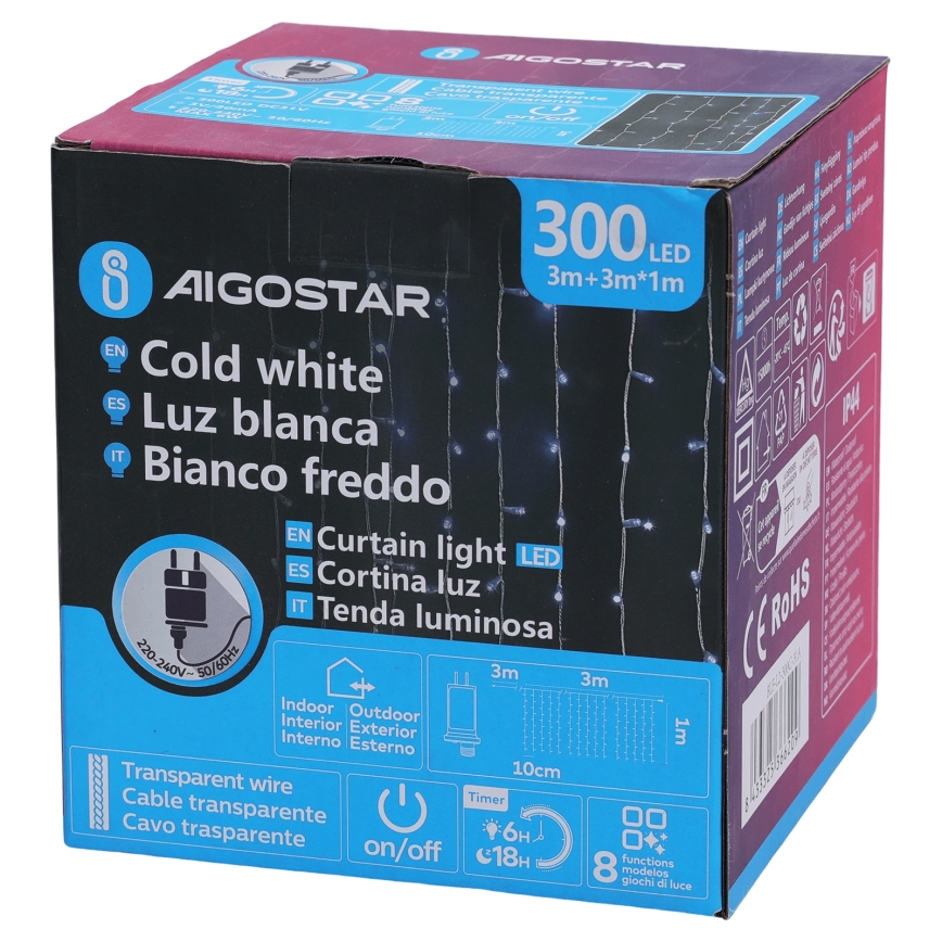 Aigostar - Catena LED da esterno 300 LED/8 funzioni 3x1m IP44 bianco freddo + telecomando