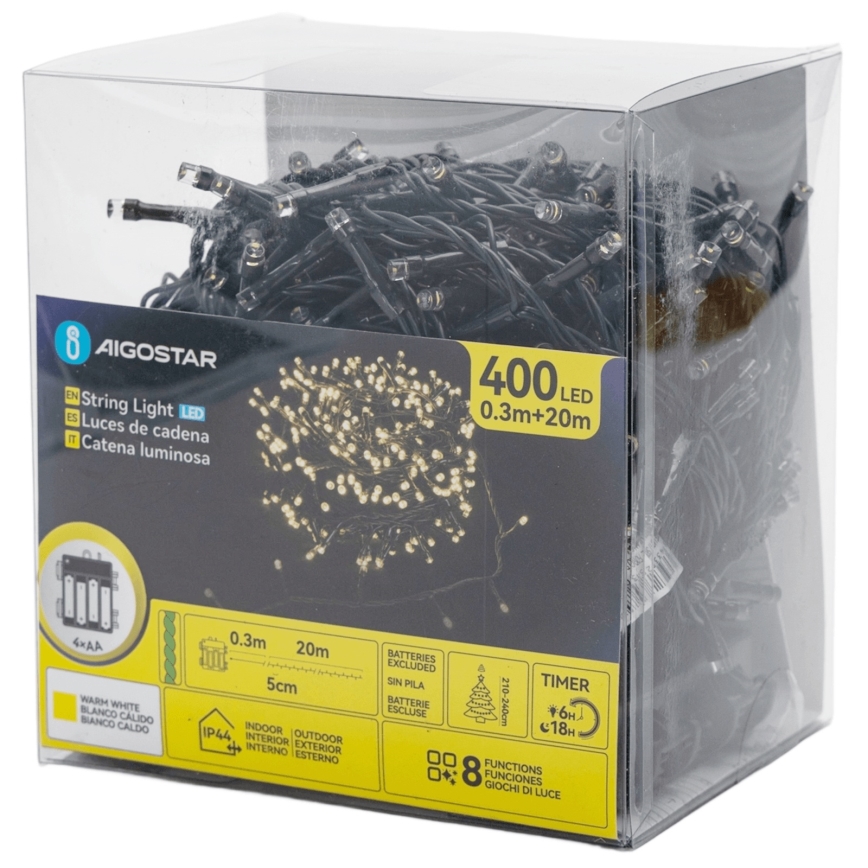Aigostar - Catena luminosa natalizia da esterno 400 LED/8 funzioni 4xAA 20,3 m IP44 bianco caldo