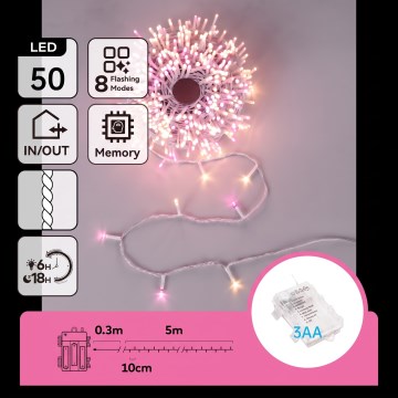 Aigostar - Catena luminosa natalizia LED per esterni 50 LED/8 funzioni 3xAA 5,3m IP44 rosa/bianco caldo