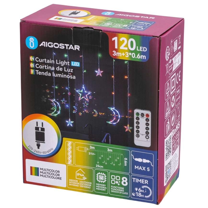Aigostar - Catena luminosa natalizia LED RGBY da esterno 120xLED/8 funzioni 3x0,6m IP44 multicolore + telecomando