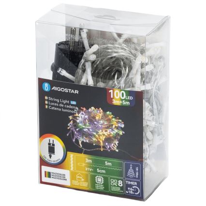 Aigostar - Catena luminosa natalizia per esterni 100xLED/8 funzioni 5,3m IP44 multicolore