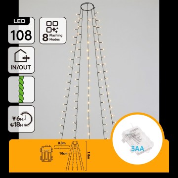 Aigostar - Catena luminosa natalizia per esterni, 108 LED / 8 funzioni, 3x AA, 1,8 m, IP44, bianco caldo