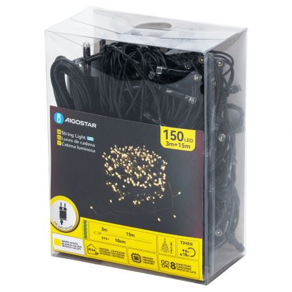 Aigostar - Catena luminosa natalizia per esterni 150xLED/8 funzioni 18m IP44 bianco caldo