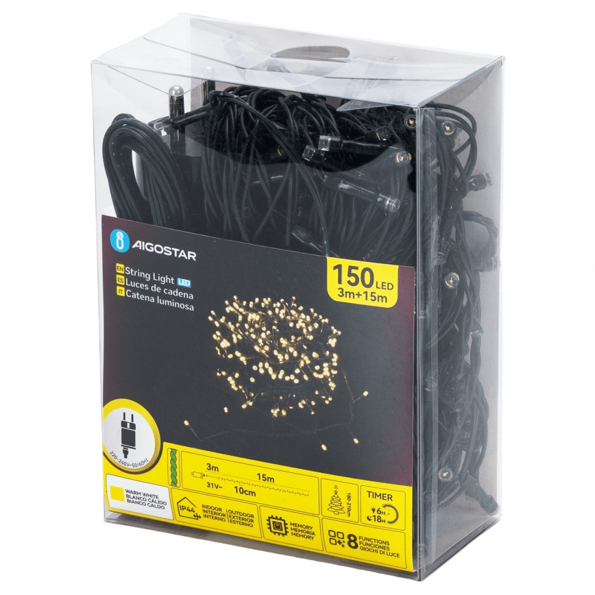 Aigostar - Catena luminosa natalizia per esterni 150xLED/8 funzioni 18m IP44 bianco caldo