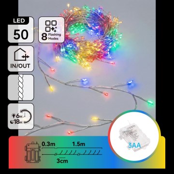 Aigostar - Catena luminosa natalizia per esterni 50 LED/8 funzioni 3xAA 1,8m IP44 multicolore