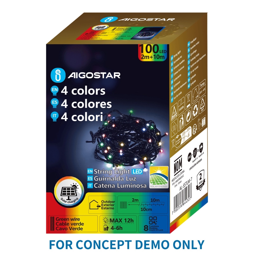 Aigostar - catena luminosa solare LED per Natale 300xLED/8 funzioni 32m IP65 multicolore 1200 mAh