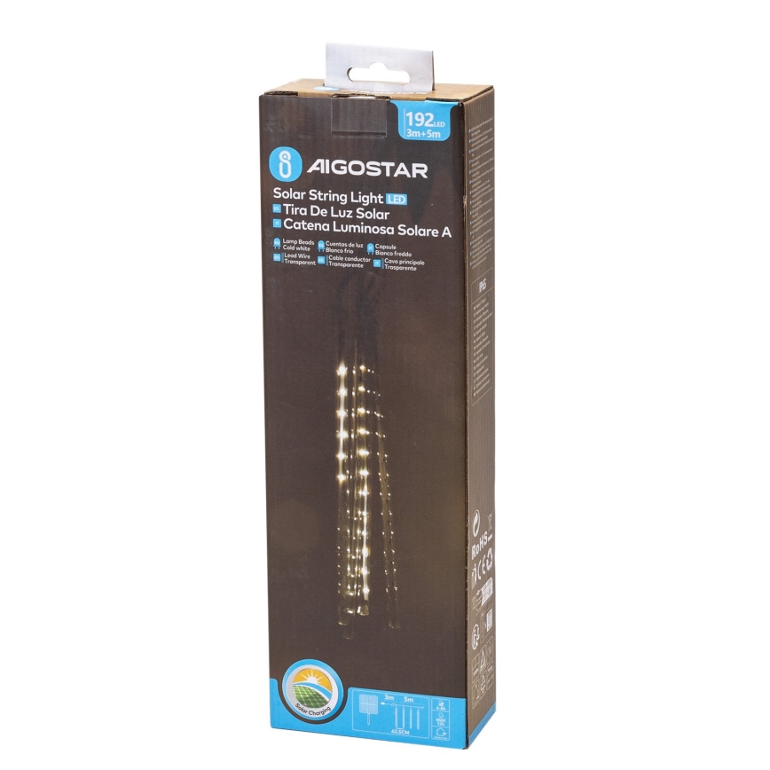 Aigostar - Catena solare a LED 192xLED/8m IP65 1200 mAh bianco freddo