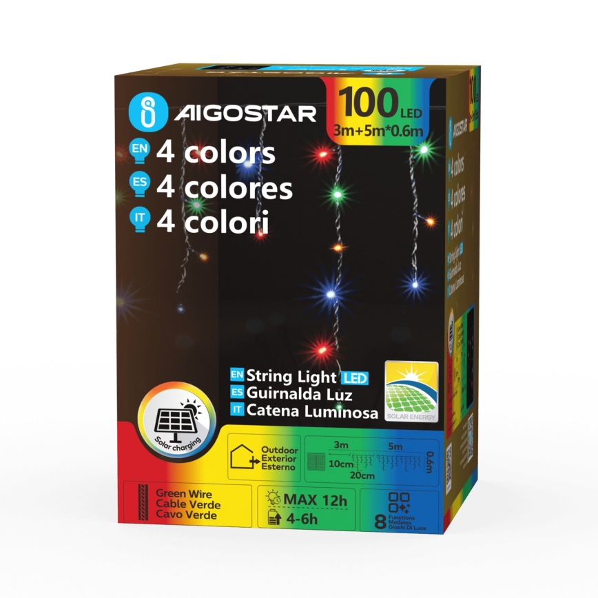 Aigostar - Catena luminosa solare natalizia LED 100xLED/8 funzioni 8x0,6m 800 mAh IP65 multicolore
