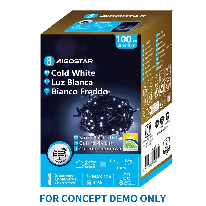 Aigostar - Catena luminosa solare a LED per Natale, 200 LED, 8 funzioni, 22 m, IP65, bianco freddo, 800 mAh