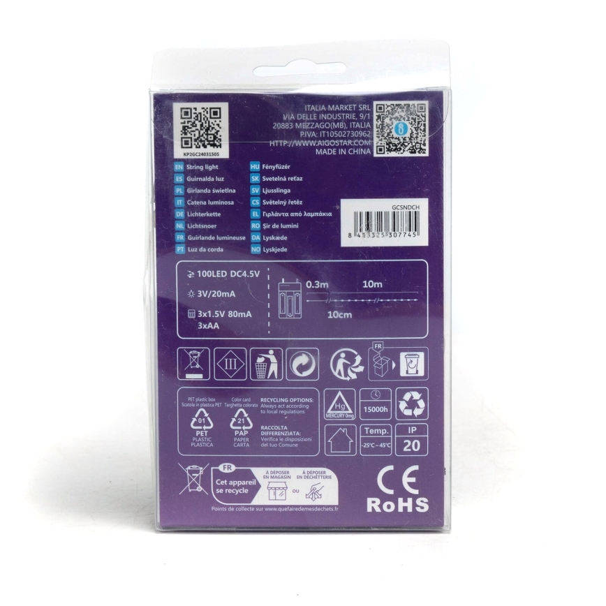Aigostar - Catena natalizia LED 100xLED/3xAA 10,3m bianco freddo