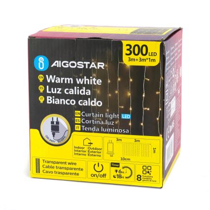 Aigostar - Catena luminosa natalizia LED da esterno 300xLED/8 funzioni 3x1m IP44 bianco caldo + telecomando