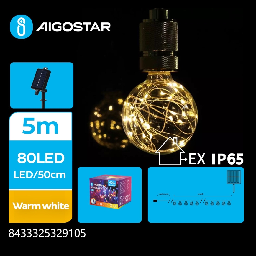 Aigostar - Catena natalizia solare a LED 10xLED/8 funzioni 6,5m IP65 bianco caldo