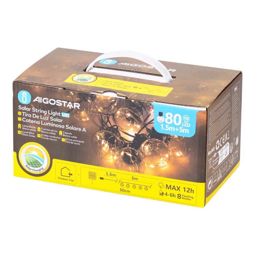 Aigostar - Catena natalizia solare a LED 10xLED/8 funzioni 6,5m IP65 bianco caldo