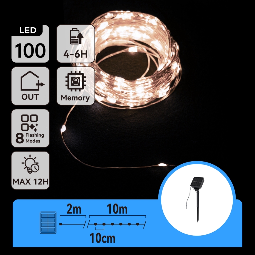 Aigostar - Catena solare a LED 100xLED/8 funzioni 12m IP65 800 mAh bianco freddo