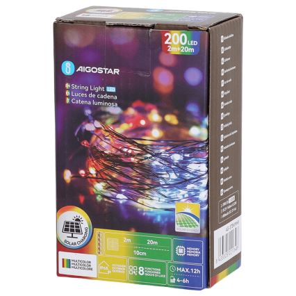 Aigostar - Catena solare a LED 200 LED/8 funzioni 22 m IP65 multicolore 800 mAh
